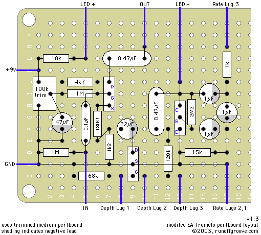 modified EA Tremolo perfboard layout